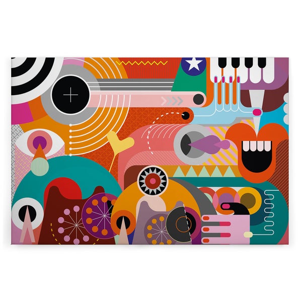Abstraktes Wandbild mit grafischen Formen und surrealen Motiven wie Augen und Lippen für eine moderne Raumgestaltung.