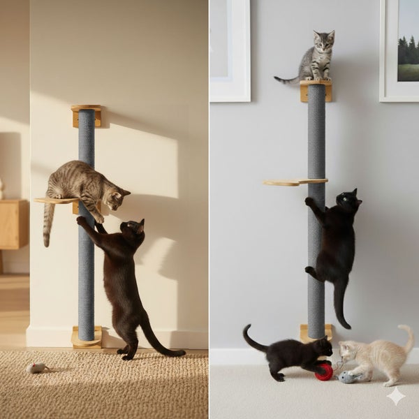 Wandmontierter Kratzbaum mit Sisalsäule und Holzplattform für Katzen, ideal zur Beschäftigung und Krallenpflege im Innenbereich.