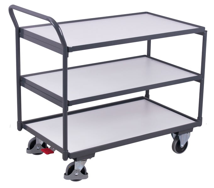 VARIOfit ESD Tischwagen mit gebogenem Schiebegriff und 3 Ladeflächen 835x490mm