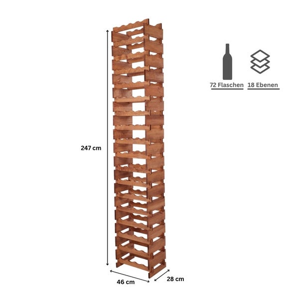 Weinregal VINOTECA FLEX PRO HxBxT 247x46x28cm 72 Flaschen auf 18 Ebenen Massives Kiefernholz Braun geölt