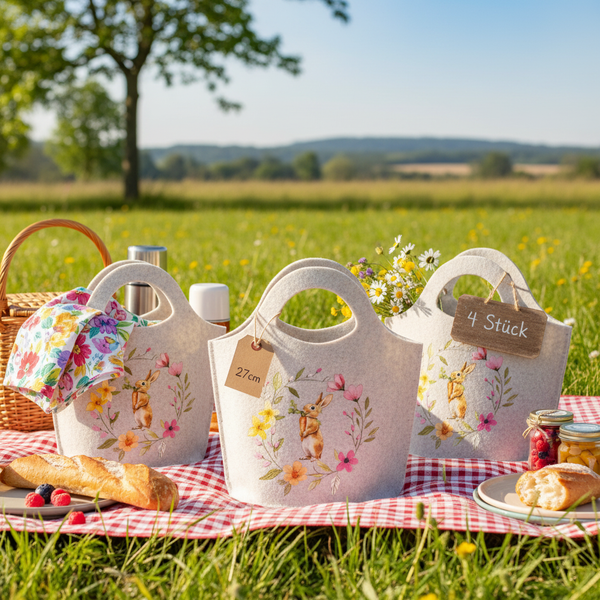 Filztaschen mit Osterhasen-Motiv, Set mit 4 Stück, 27 Zentimeter hoch, auf einer rot-weiß karierten Picknickdecke im Grünen.