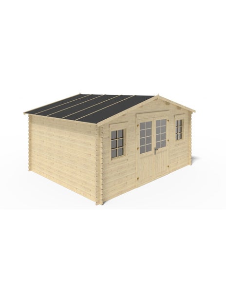Gartenhaus aus Holz in Blockbohlenbauweise mit Doppeltür, zwei Fenstern und Satteldach.