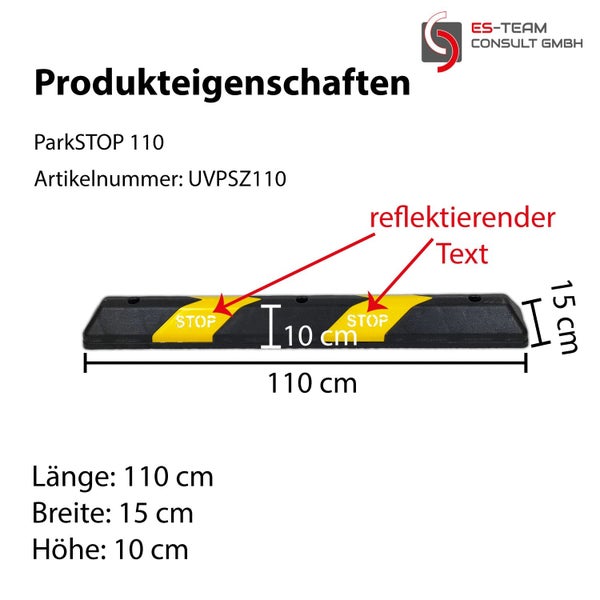 UvV PARKSTOP -Radstopper Fahrzeugstopper Parkplatzbegrenzer + STOP reflektierend / 1.100 mm schwarz