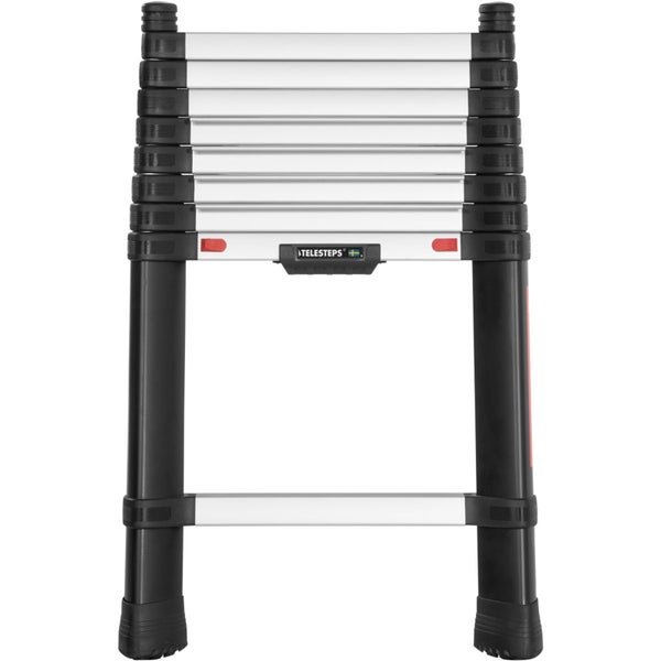 Telesteps Teleskopleiter aus Aluminium und Kunststoff, zusammengeschobener Zustand mit Verriegelungsanzeigen.
