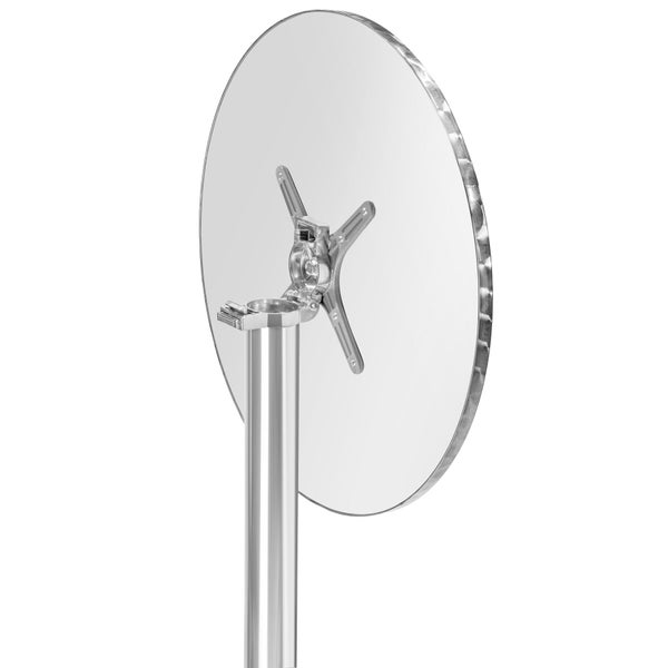Runder Stehtisch aus Metall in Silber-Optik mit hochgeklappter Tischplatte und Klappmechanismus.