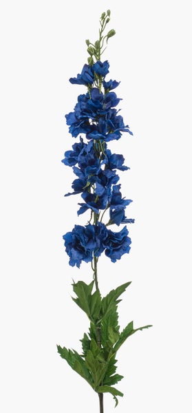 Künstliche blaue Blume mit grünen Knospen und Stiel.
