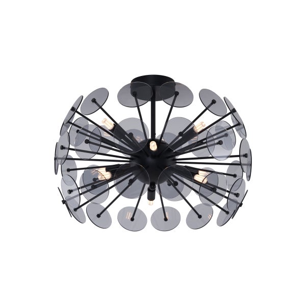 Deckenleuchte mit runden Schirmen und mehreren Leuchtmitteln.