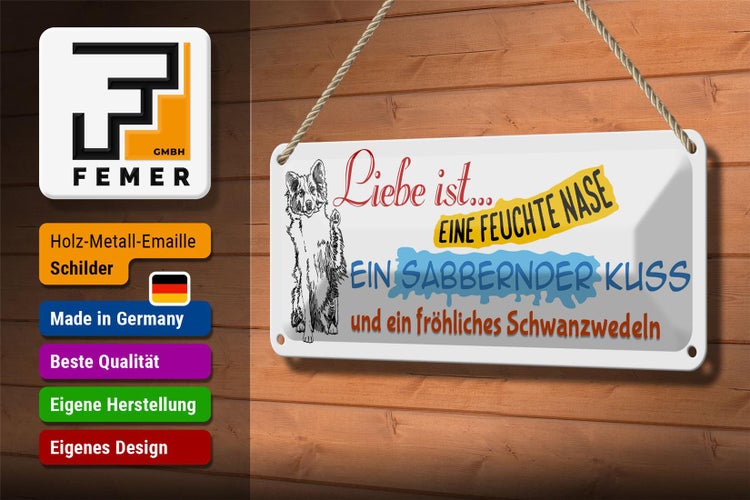 Blechschild Spruch 27x10cm Liebe fröhliches Schwanzwedeln Dekoration