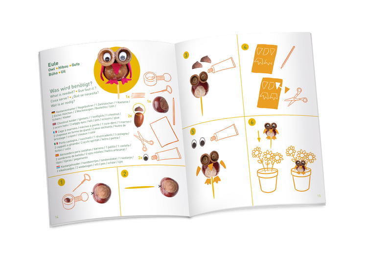 Bastelanleitung im Buch für eine Eule aus Kastanien mit Materialliste und Schritt für Schritt Darstellung