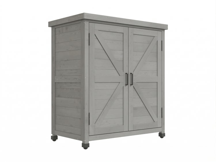 Grauer Gartenschrank aus Holz mit Doppeltür und X-Verstrebungen auf den Fronten.