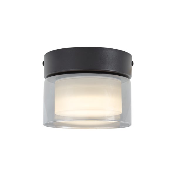 Zylindrische Deckenleuchte mit schwarzem Metallsockel und zweistufigem Glasschirm aus klarem und mattiertem Glas.