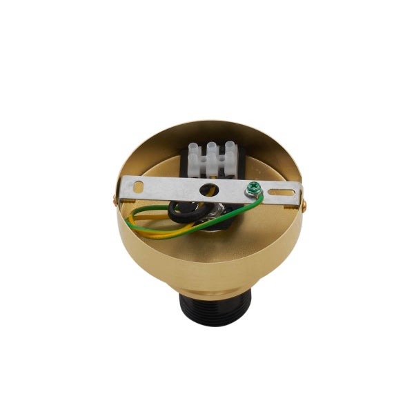 Innenansicht einer Lampenfassung aus Metall mit Anschlussklemmen