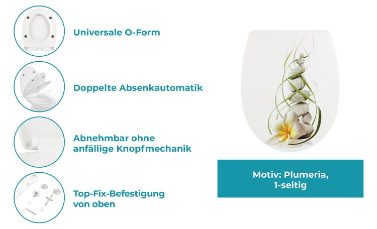 Calmwaters® WC Sitz mit Absenkautomatik Wellness-Motiv Plumeria, Thermoplast Toilettendeckel, abnehmbar, Top-Fix, universale O-Form, ovaler Toilettensitz, Komfort Klodeckel, Wellness-Dekor, 26LP5005