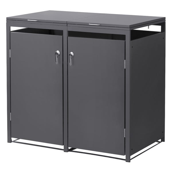 Mülltonnenbox für zwei Tonnen aus anthrazitfarbenem Metall mit Klappdeckeln und Fronttüren.