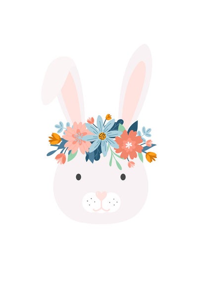Illustration eines Hasenkopfes mit Blumenkranz
