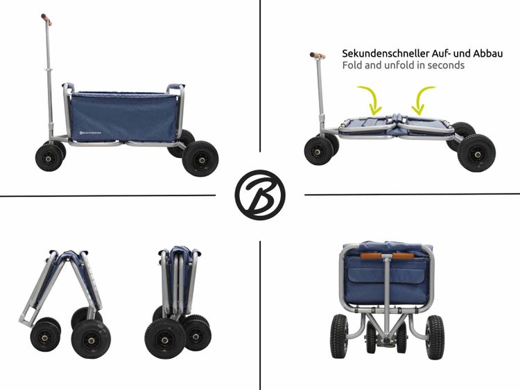 Faltbarer Bollerwagen mit Teleskopstange und vier Rädern in verschiedenen Ansichten