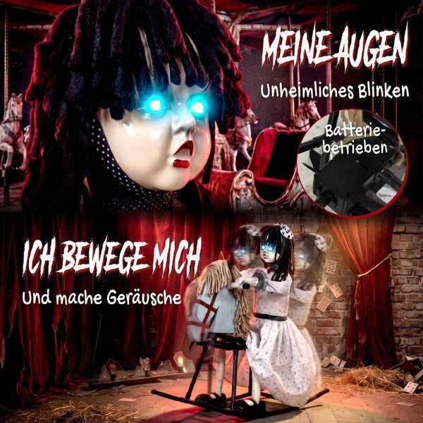 Animierte Halloween Puppe auf einem Schaukelpferd mit leuchtenden Augen und Soundeffekten, batteriebetrieben für Innenbereiche geeignet.