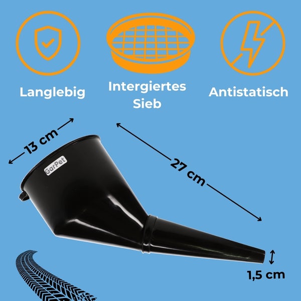 Schwarzer Einfülltrichter mit Sieb und den Maßangaben 13 cm, 27 cm und 1,5 cm