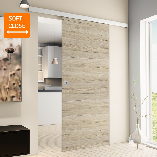 Tür Schiebetür Komplettset Holz Eiche 880x2035 Zimmertür Holztür Schiebetürsystem -  Quadratgriff+2seitiger Softclose