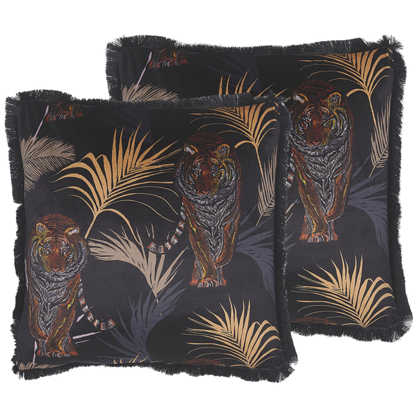 Dekokissen 2er Set RAMTEK Samtstoff 45 x 45 cm Schwarz Tiermuster