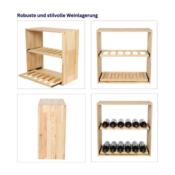 PROREGAL Modulares Weinregal Vincellar Mod HxBxT 60 x 60 x 30 cm Modul Für 12 Flaschen Oder Weinkisten mit Ausziehbaren Ebenen Massives Kiefernholz Natur