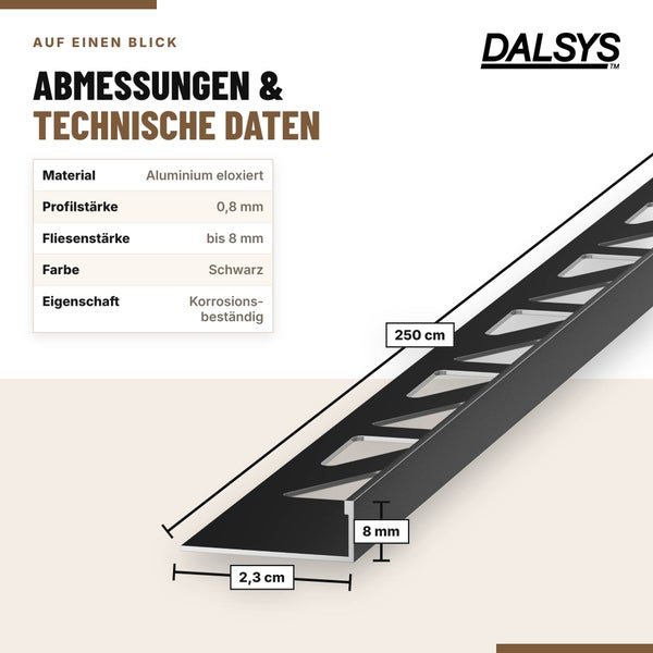 Technische Zeichnung der Dalsys Fliesenschiene aus eloxiertem Aluminium mit Maßangaben von 250 Zentimeter Länge und 8 Millimeter Profilstärke.