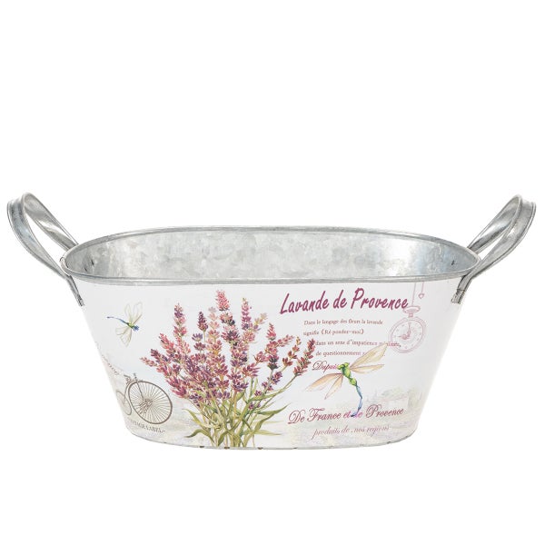 Ovaler Pflanzkübel aus Zink mit Lavendel-Motiv und zwei seitlichen Griffen.