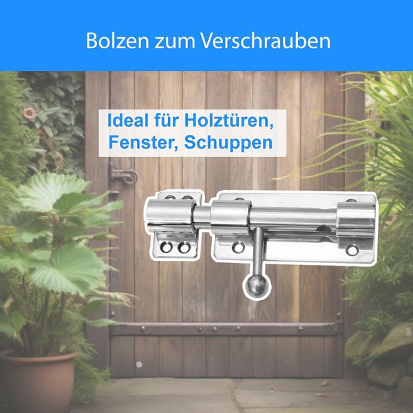 Ein metallischer Bolzenriegel zum Anschrauben für Holztüren, Fenster oder Schuppen, montiert auf einer Holztür im Garten.