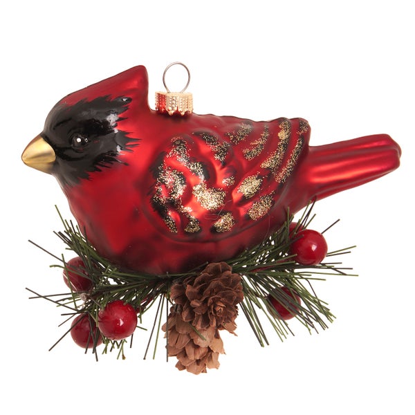 Dekorative rote Glasvogel Weihnachtsbaumschmuck mit Tannenzapfen und Beeren.