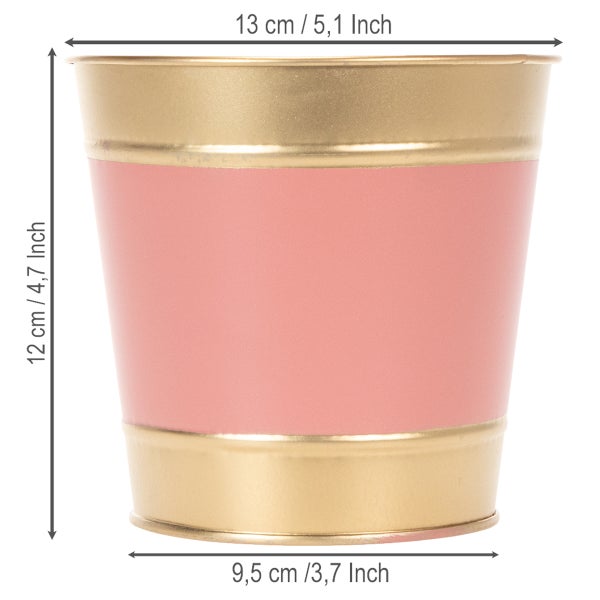 Metall-Blumentopf in Gold und Rosa mit Maßen: Höhe 12 Zentimeter, oberer Durchmesser 13 Zentimeter, unterer Durchmesser 9,5 Zentimeter.