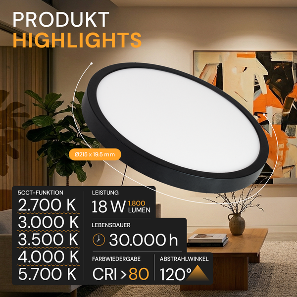 Runde LED-Deckenleuchte in Schwarz, 18 Watt, 1800 Lumen, Durchmesser 215 Millimeter, 5CCT-Funktion und 120 Grad Abstrahlwinkel.
