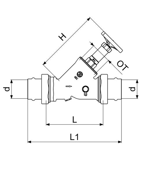 Technische Zeichnung eines Schrägsitzventils mit Abmessungen für Durchmesser, Einbaulänge, Gesamtlänge und Höhe.