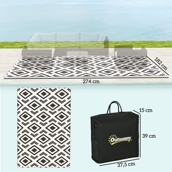 Outsunny Outdoor Teppich robuster Wetterfest Outdoorteppich mit Tragtasche, faltbar Carpet Boho-Style, Outdoor-Teppich für Wohnzimmer Balkon Garten Terrasse Bad Flur Küche, 182 x 274 cm Schwarz+Weiß