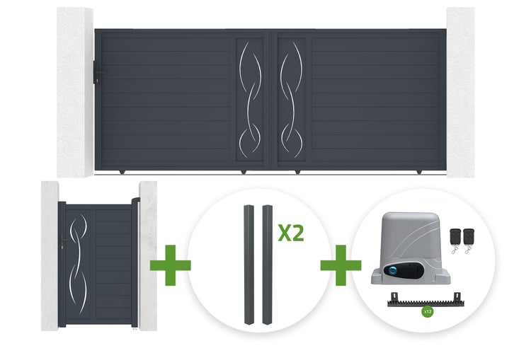 Aluminium-Schiebetor-Set mit Pforte und dekorativem Muster, zwei Pfosten, elektrischem Torantrieb, Fernbedienungen und Zahnstangen.