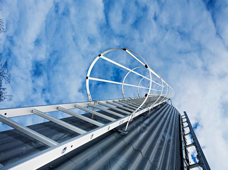 Leiter mit Rückenschutz am Silo vor blauem Himmel