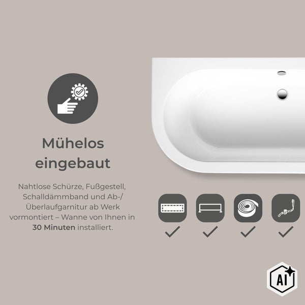Badezimmergrafik zeigt die einfache Montage einer Badewanne mit vormontierter Schürze, Fußgestell, Schalldämmband und Ablaufgarnitur.