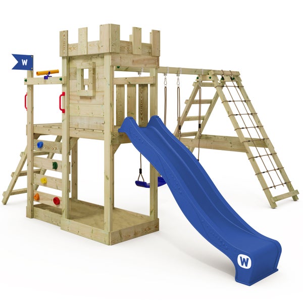 WICKEY Spielturm GateFlyer mit Kletteranbau, Doppelschaukel und Rutsche - blau