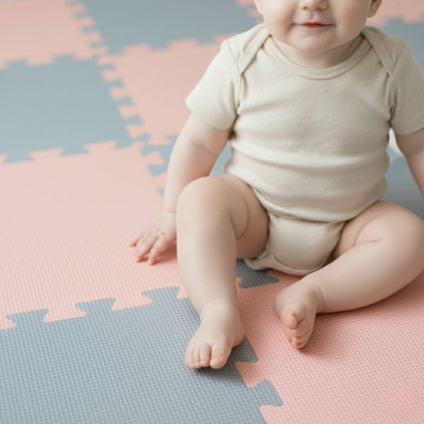 Ein Baby sitzt auf einer Puzzle-Spielmatte aus Schaumstoff mit ineinandergreifenden Fliesen und einer strukturierten Oberfläche.