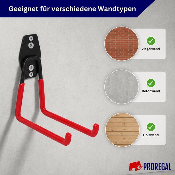 Wandhaken von Proregal zur Befestigung an verschiedenen Wandtypen wie Ziegel, Beton und Holz.
