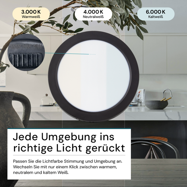 LED Leuchte mit verschiedenen Lichtfarben vor einem Küchenhintergrund