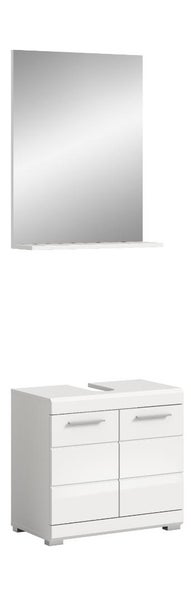 Badezimmermöbel-Set bestehend aus einem weißen Waschbeckenunterschrank mit zwei Schubladen und einem Spiegel mit Ablage.
