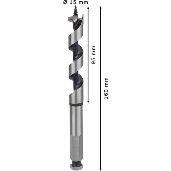 Forstnerbohrer mit Durchmesser 15 mm und Gesamtlänge 160 mm.