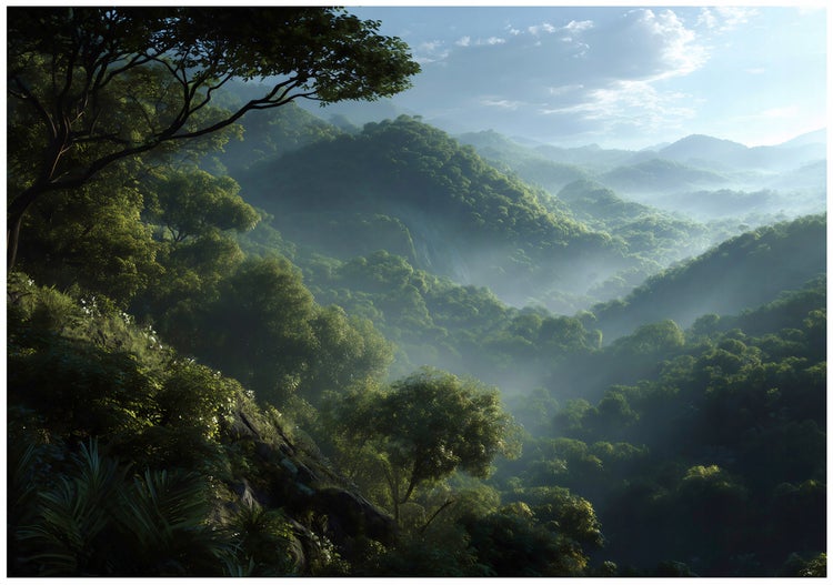 Hügelige Landschaft mit üppiger Vegetation und Nebel