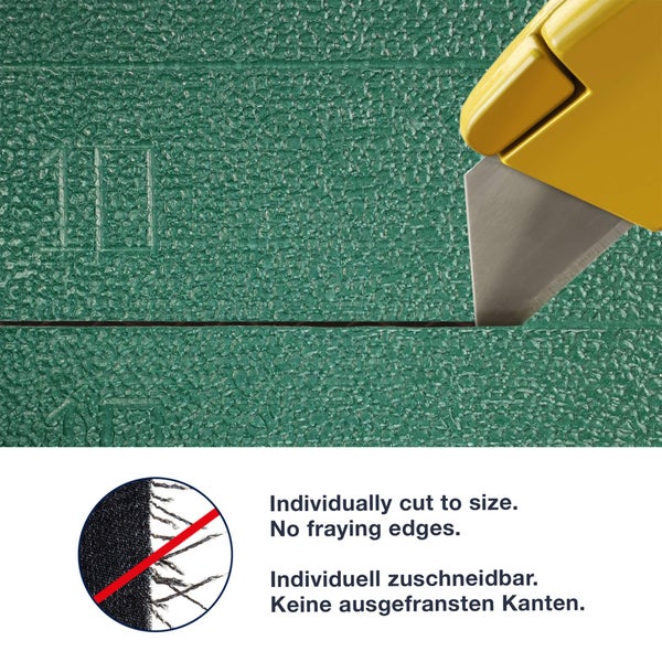 Individuell zuschneidbare Matte ohne ausfransende Kanten durch ein Cuttermesser.