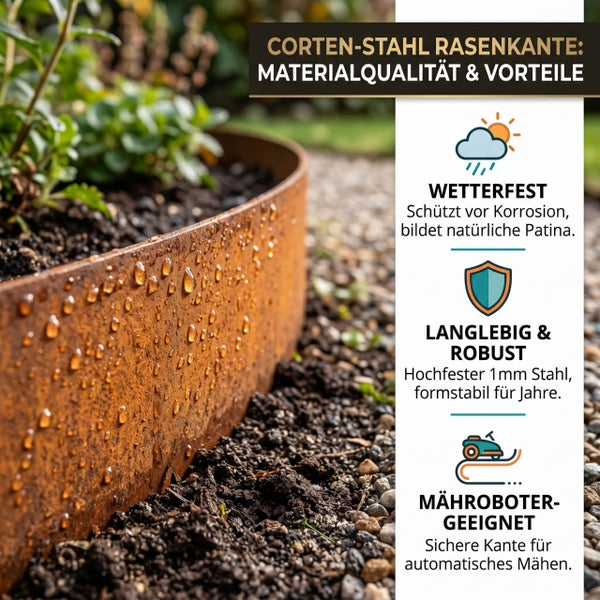 Rasenkante aus Cortenstahl im Garten. Erläuterung der Vorteile: wetterfest, langlebig, robust und für Mähroboter geeignet.