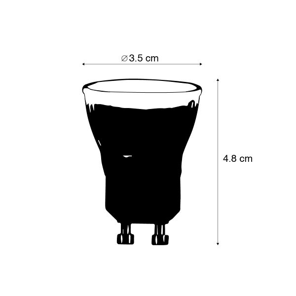 Maßzeichnung eines Reflektorleuchtmittels mit einem Durchmesser von 3,5 Zentimetern und einer Höhe von 4,8 Zentimetern.