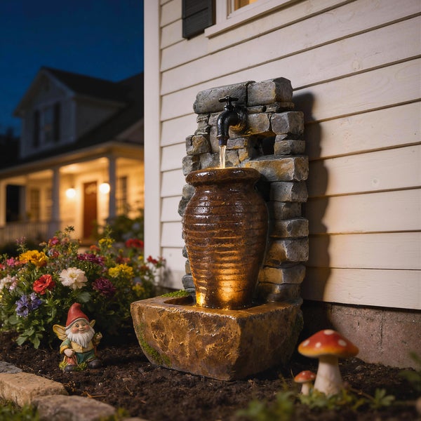 Gartenbrunnen in Steinoptik mit Wasserhahn und Krug, beleuchtet, im Garten neben Blumen und Gartenzwerg vor einer Hauswand.