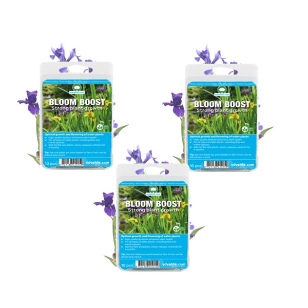 3er-Pack Wasserpflanzendünger Bloom Boost von vdvelde.com, je 10 Düngetabletten für kräftiges Wachstum und Blüte von Teichpflanzen.