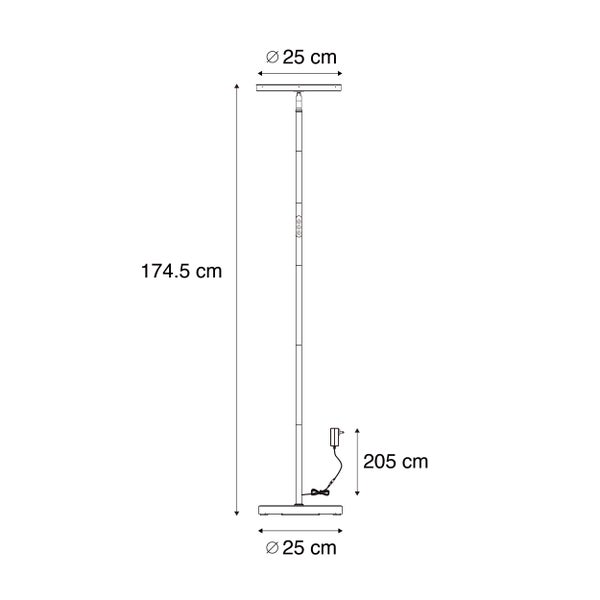 Skizze einer Stehleuchte mit Maßen: Höhe 174,5 Zentimeter, Durchmesser von Kopf und Fuß 25 Zentimeter, Kabellänge 205 Zentimeter.