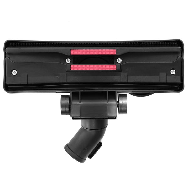 Unterseite einer schwarzen Staubsaugerdüse aus Kunststoff mit Rollen, Bürstenleiste und roten Fadenhebern.